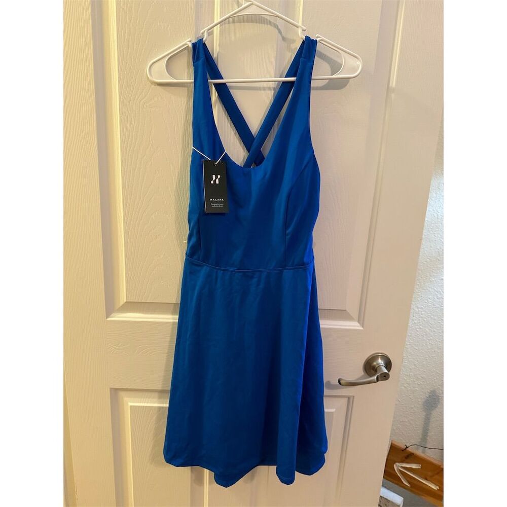 Halara Women's 1X Fit & Flare Sleeveless Mini Dress Blue V-Neck